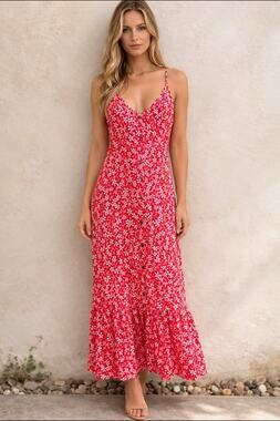 NWT Y2K 00s Coastal Roxy Women's Button Front Maxi Dress Size S Red Ditsy Floral